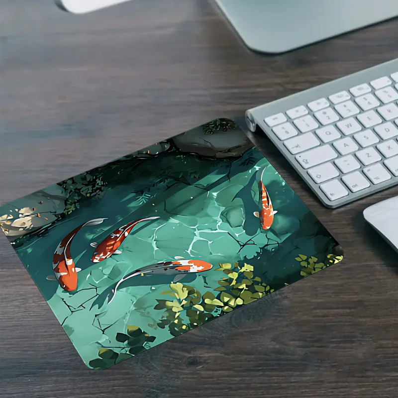 Large koi patterned desk mat, sewn edge gaming mouse mat with beautiful natural scenery, durable and smooth surface, suitable fo