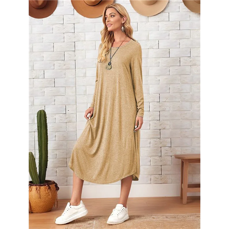 ODIES-فستان نسائي طويل بأكمام طويلة ورقبة دائرية مع جيوب #2