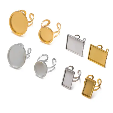 4Pcs Stainless Steel Golden Blank Adjustable Ring Flat Round Cabochon Base Tray Settings For DIY Jewelry Making Findings Supplie
