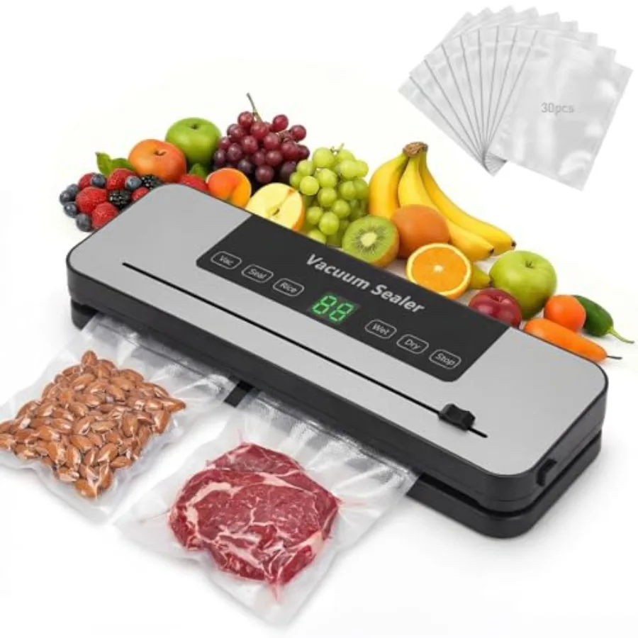 

Vacuum Sealer Machine for Food Prep: 30 Storage Bags, Built-in Cutter, 6-in-1 Automatic Sealing, Compact Heat Sealer for Wet Dr