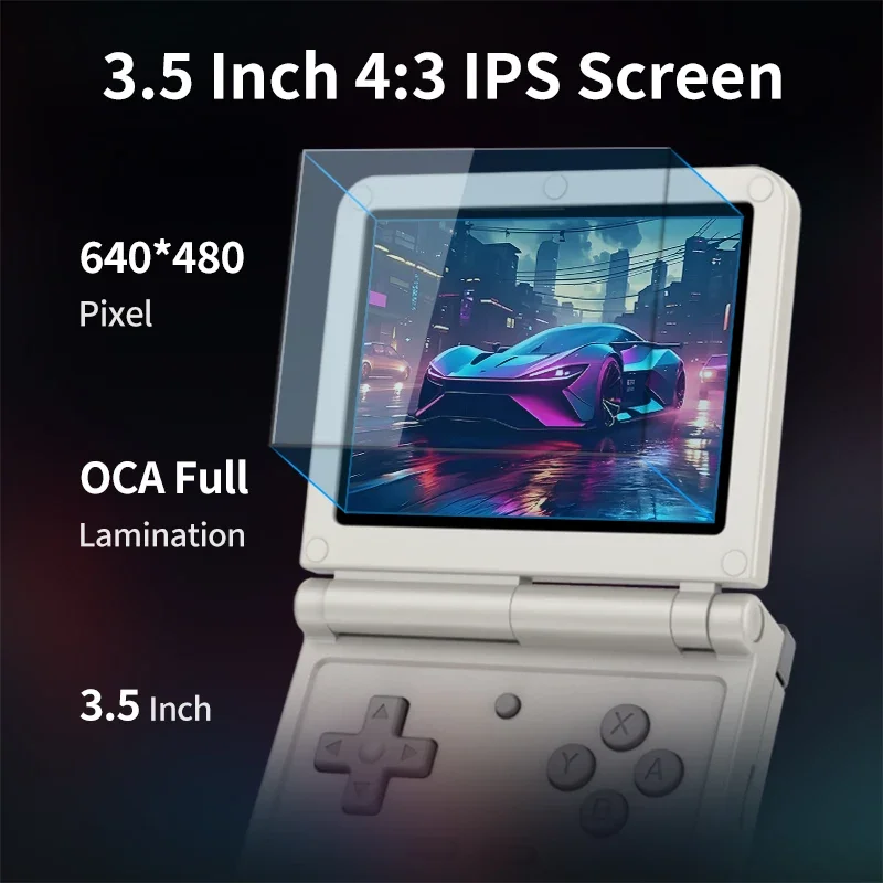 Powkiddy v90s retro flip console portátil duplo sistema aberto 3.5 Polegada 4:3 hd tela ips a133plus função de vibração presentes