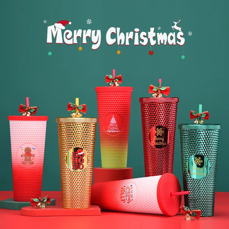 

710ML Durian Straw Cup, Double Eco-friendly Plastic, Large Capacity, Christmas, Creative Gradient, Modern Simple Mug, 2024 New