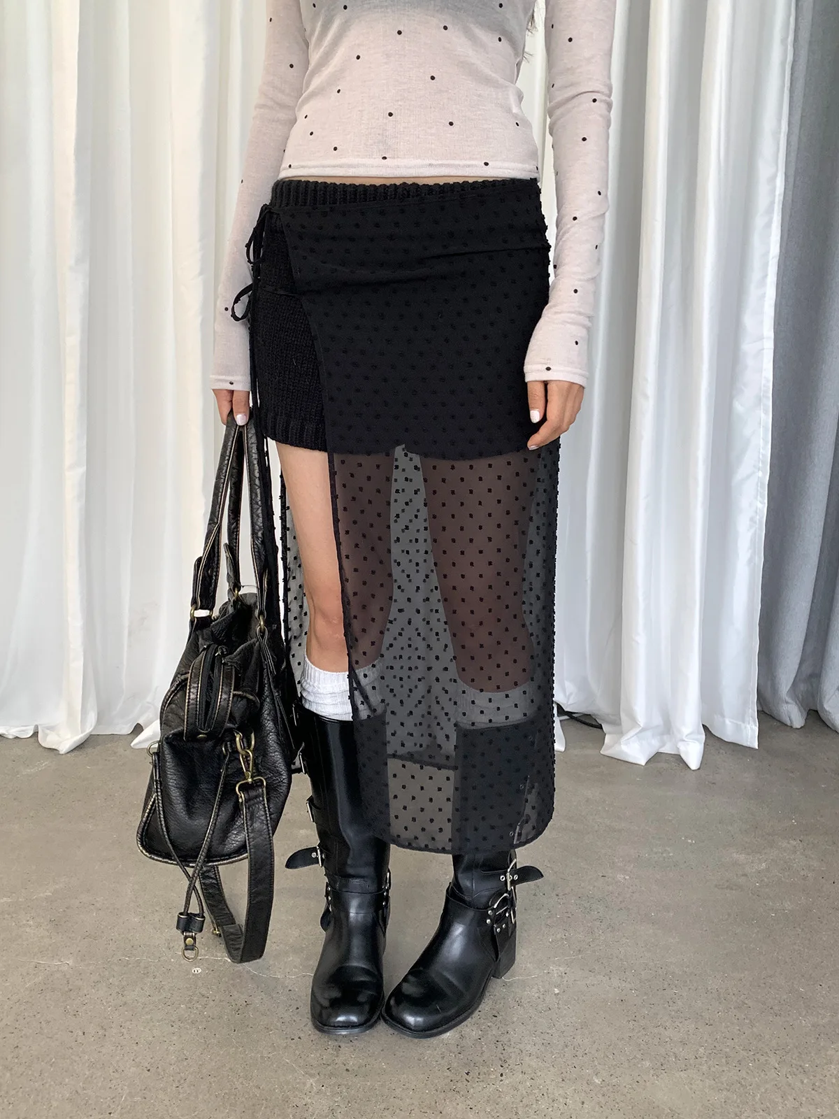 New 2024 Women Flocking Polka Dot Lace Up Skirt Perspective Layered Gauze High Street Spicy Girl Design Trendy Stylish Casual