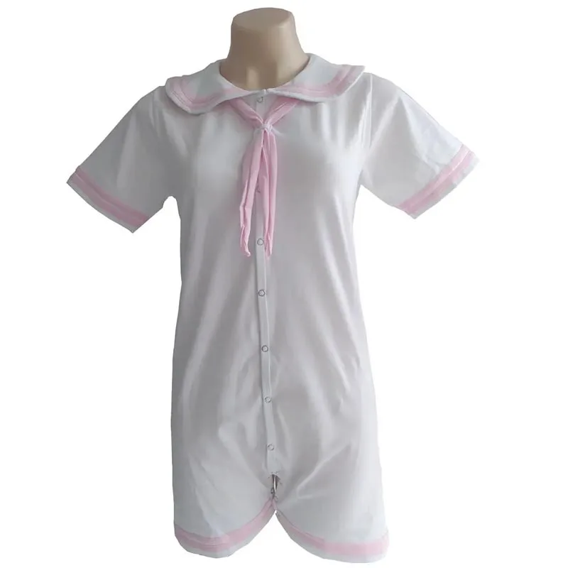 Cute Girl White Pink Sailor Bodysuit Adult Baby Romper With Snaps Soft Comfortable Onesie ABDL Clothes Couple Home Playsuits