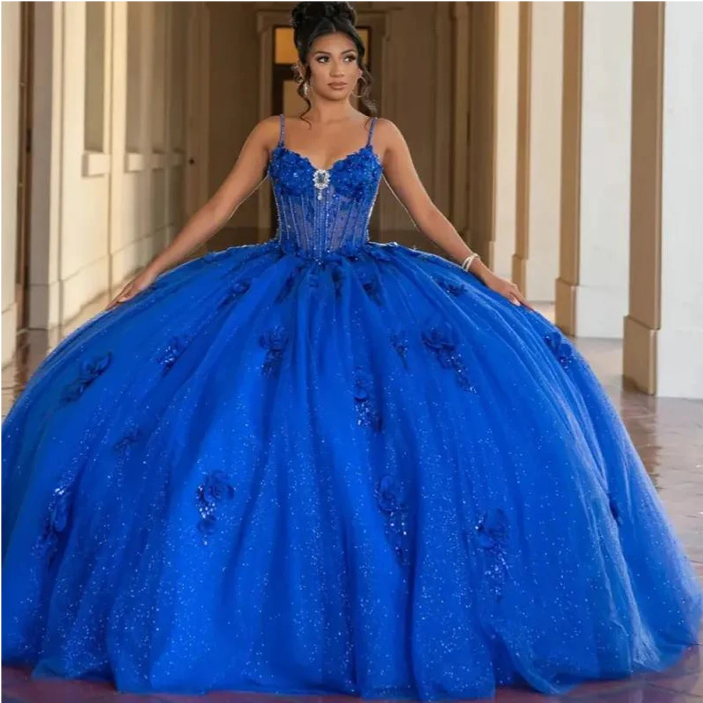Customized Blue Spaghetti Straps Bow Quinceanera Dresses Ball Gown Appliques Lace Beading Mexican Sweet 16 Dresses 15 Anos