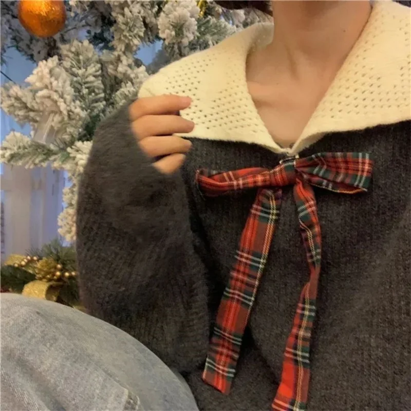 Women Sweater Christmas Bow Red Gray Casual Loose Knitted Sweater Femme Autumn Spring jumper