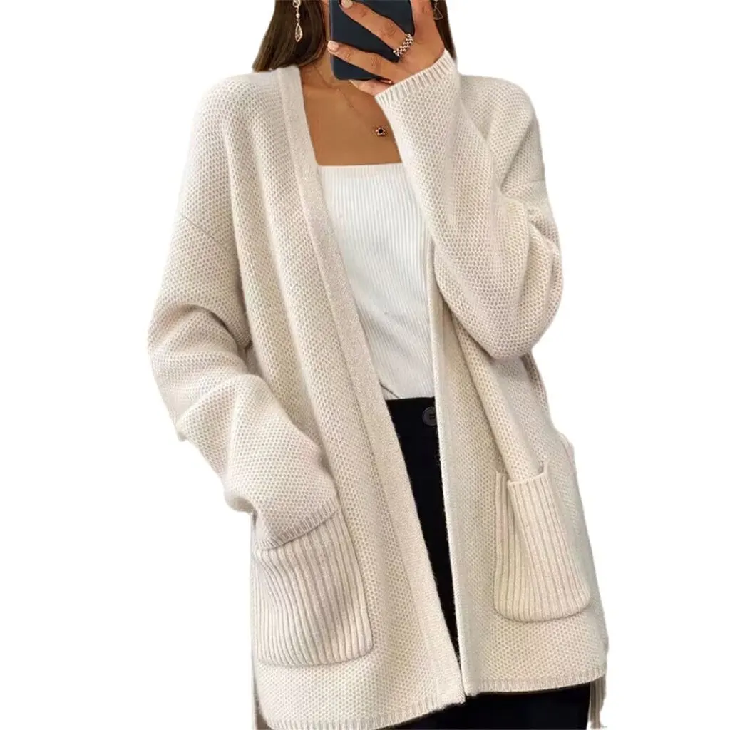 

Women's Thickened Solid Color Lace-up Knitted Cardigan Autumn Winter Loose Pocket Sweater Jacket for