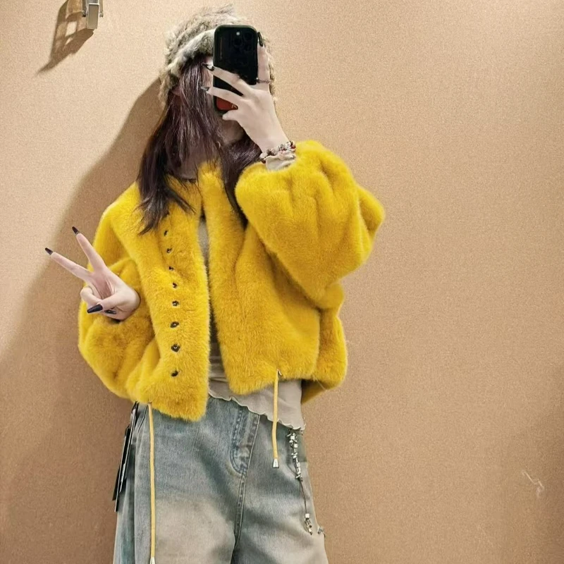 Short Casual Youthful Plush Fur Round Neck Jacket 2026 Winter New Fashionable Eco-friendly Woolen Faux Mink Fur Coat for Women