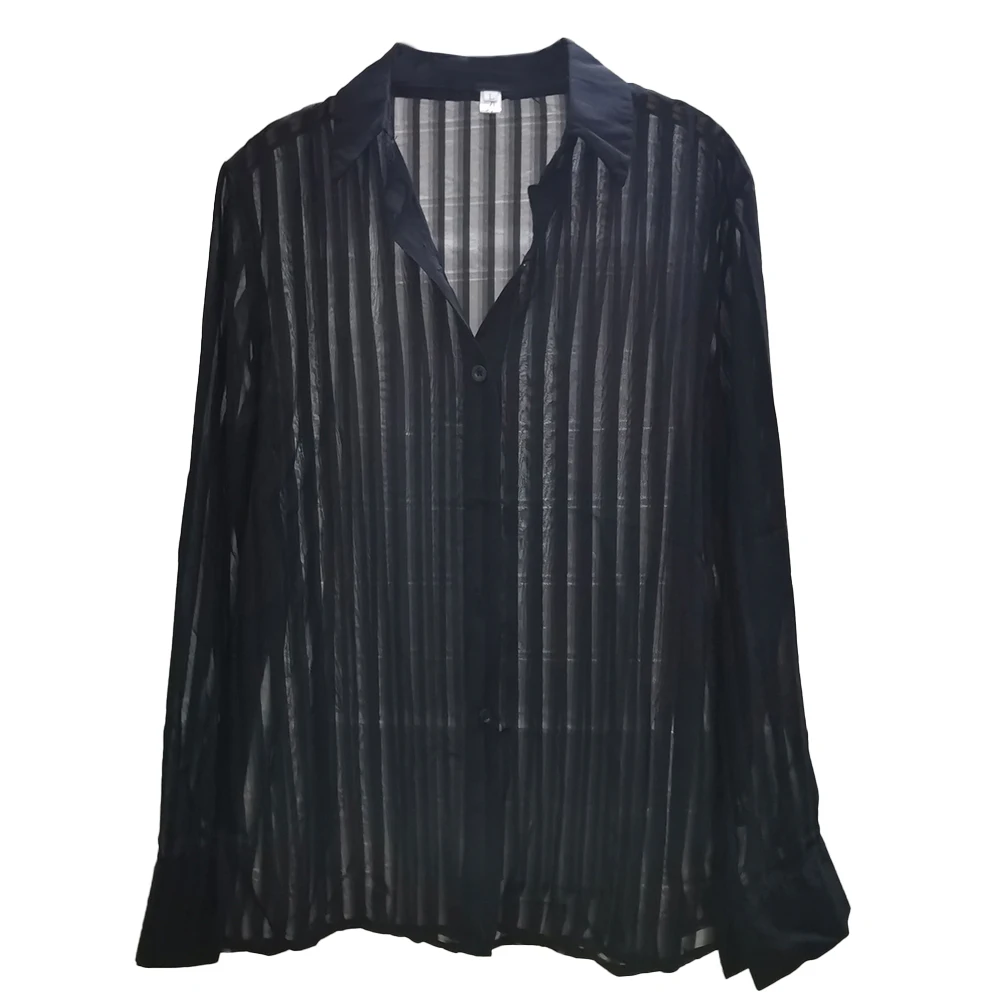 Mens See-Through Sexy Shirt Genderless Nightclub Print Loose Casual Striped Mesh Fashion Trendy Long-Sleeved Shirt Unisex