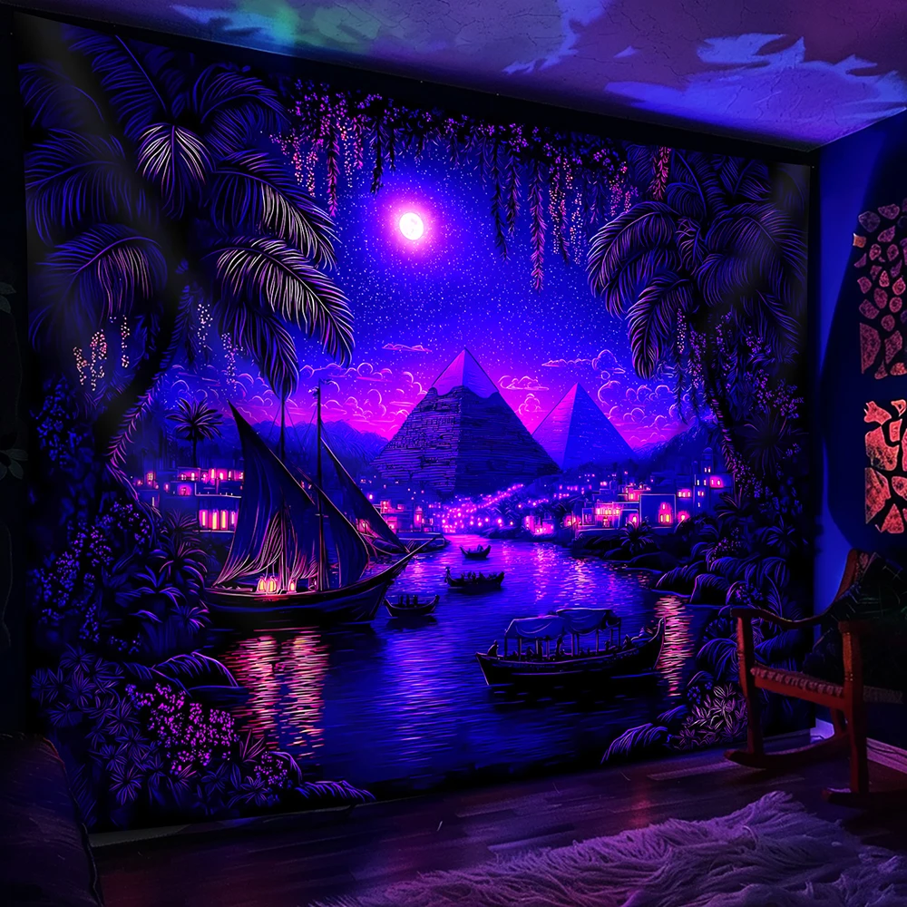 1pc  Blacklight Ancient Egypt Pyramid Nile River Tapestry, UV Reactive Neon Night Sky Wall Hanging for Bedroom Living Room