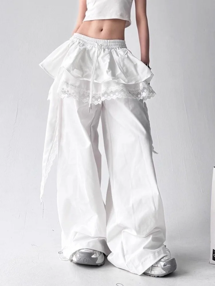 High Quality Lace Tiered Skirt Baggy Full Length Pants Hip Hop Dance Sexy Women Girls Casual Summer Trousers Elastic Drawstring