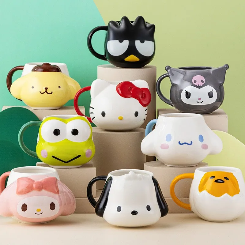 

Sanrio Cute Cartoon Hello Kitty Ceramic Mug Melody Kuromi Couple Water Cup Kawaii Pochacco Frog Relief Handle Cup Holiday Gift