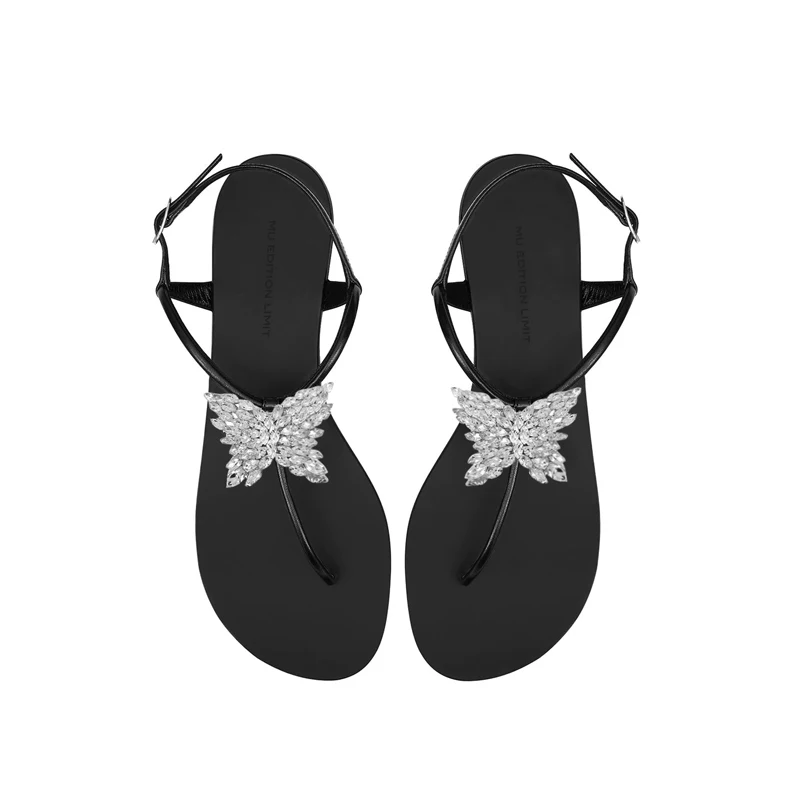 Rhinestone Butterfly Flip Flops Open Toe Fashion Women Summer Flat Sandals Ankle Straps Buckle Beach Outside Casual Slipper