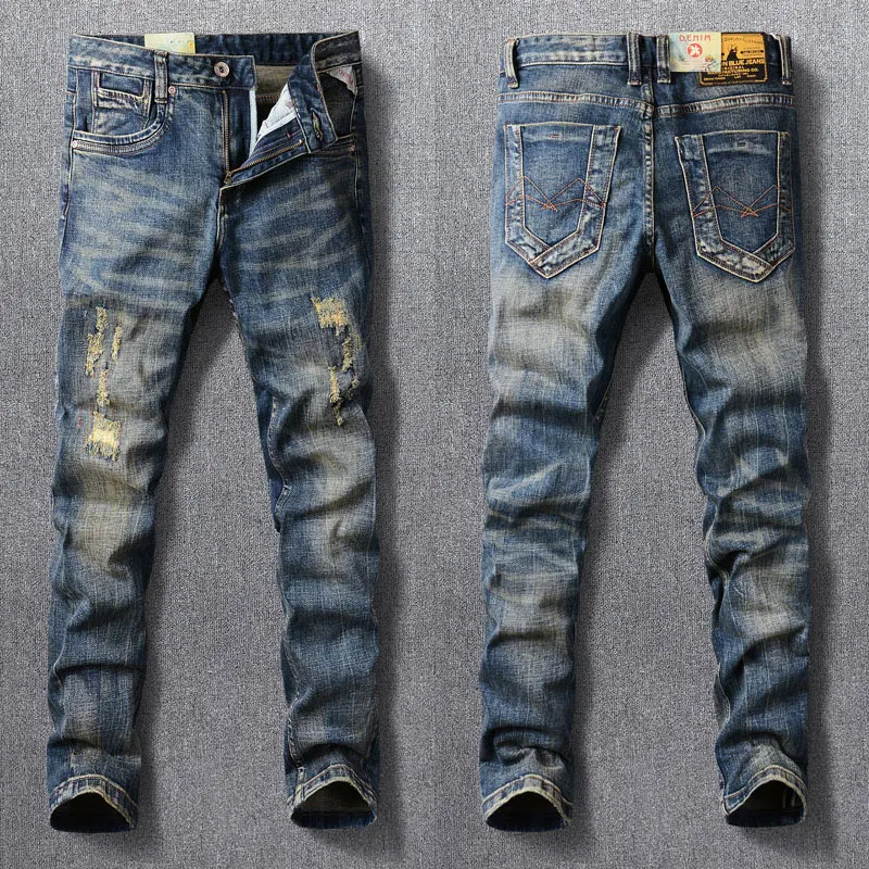 

Fashion Designer Men Jeans Retro Blue Elastic Slim Fit Hole Ripped Jeans Men Embroidery Patch Vintage Casual Denim Pants Hombre