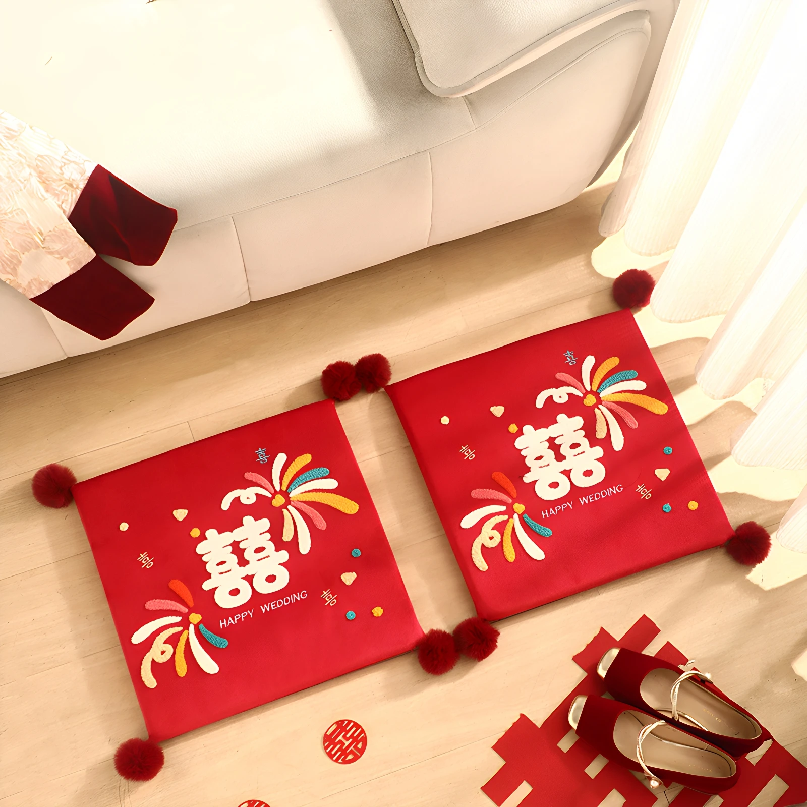 

Wedding Kneeling Pad Pair for Tea And Wine Ceremony Red Bride Cuion Change Mouth Tea Happy Word Pad 43*43CM Size