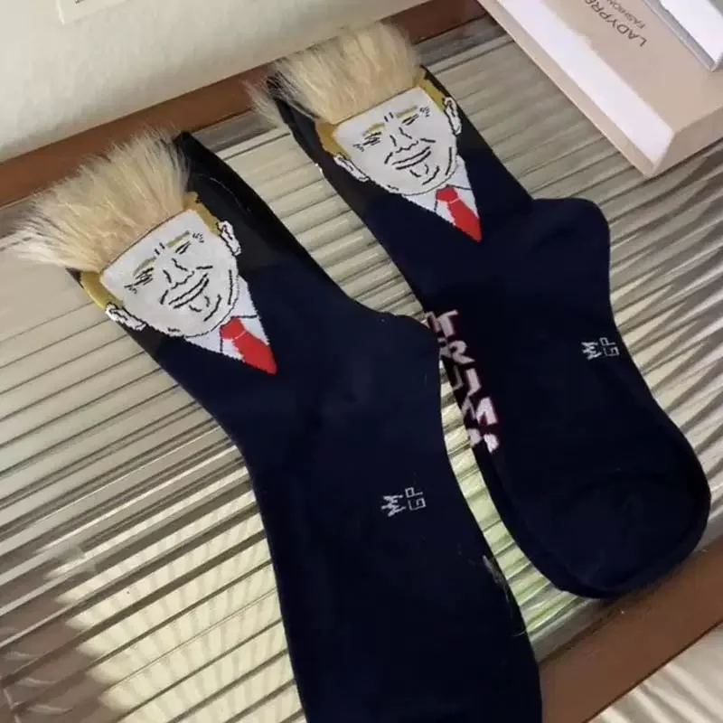 Funny and Funny Donald Trump Presidential Socks With 3D Fake Hair Round Neck Socks for Men\'s Street Clothing Hip Hop Socks