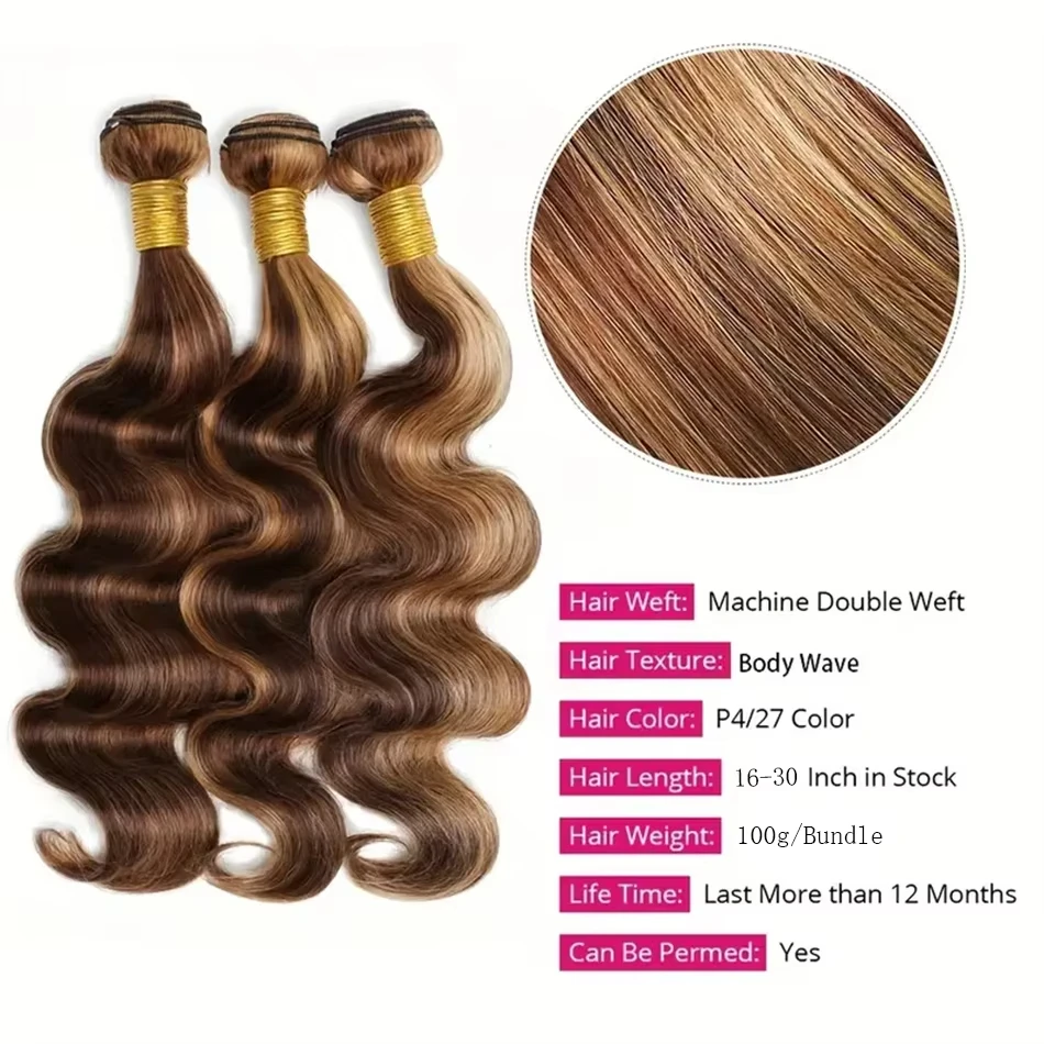 Extensiones de cabello humano brasileño 12A, ondulado, Rubio degradado, resaltado, 3 mechones, 100% extensiones de cabello humano brasileño, mechones de 4/27 colores