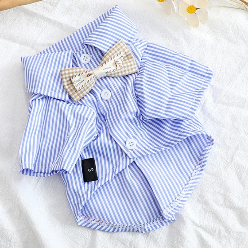 Pet Dog Clothes Bowknot Striped Shirts Thin Summer Blue Fashion Chihuahua Stripe Shirt for Small Dogs Clothing Wholesale