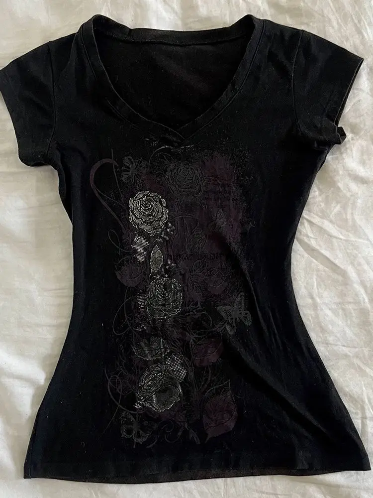 Y2k خمر زهرة الجرافيك مطبوعة قصيرة الأكمام س الرقبة تي شيرت أساسيات الصيف الشارع الشهير عادية سليم المناسب ملابس الشارع الشهير