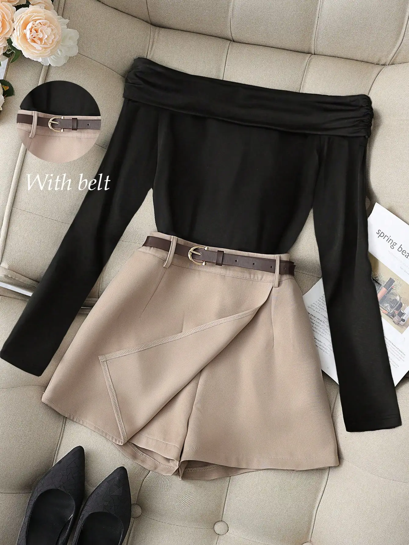 

Black Ruched One-Shoulder Long Sleeve Top with Khaki Wrap Shorts Set and Belt