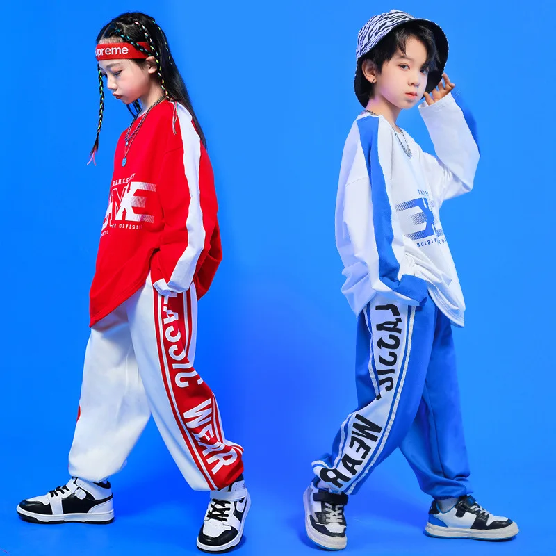 Rosso bianco blu Hiphop Jazz Street Dance costumi bambini Hip Hop abbigliamento sciolto felpa pantaloni tuta da palcoscenico per bambini ragazze ragazzi