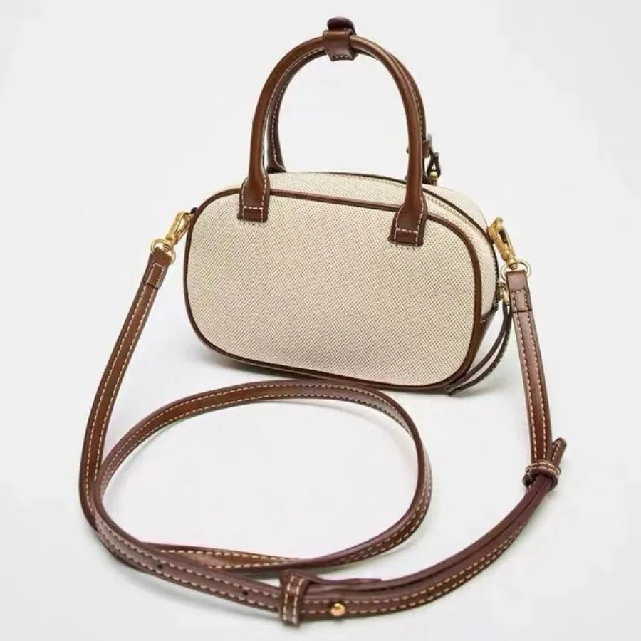 

Fashion New Arrival Decorative Canvas Color-Blocked Bowling Bag Minimalist Textured Single-Shoulder Crossbody Handbag for Women