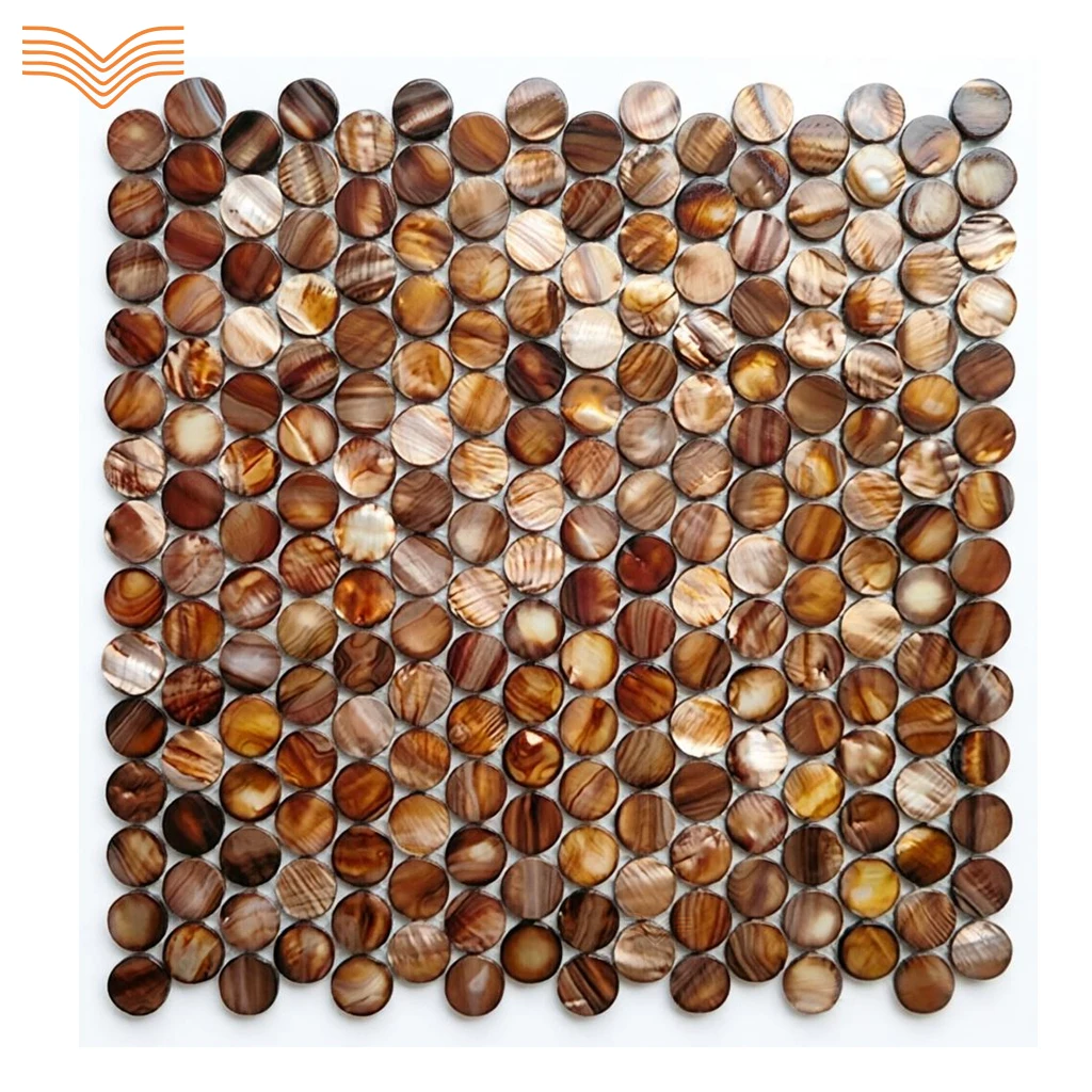 Self Adhesive Coffee Tone Round Natural Shell Mosaic Tile Iridescent Wall Sticker for Bathroom Living Room Balcony Background