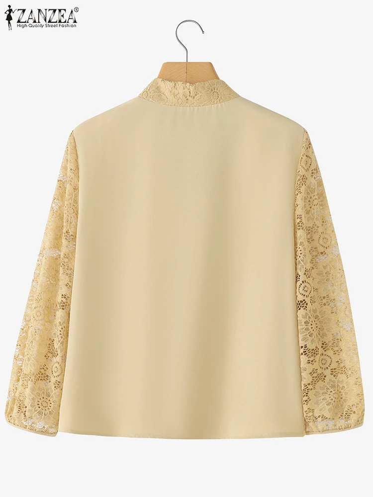 2025 ZANZEA elegante blusa de encaje para mujer con cuello en V pajarita camisas de oficina para mujer otoño 3/4 Puff manga Casual moda Blusas Tops