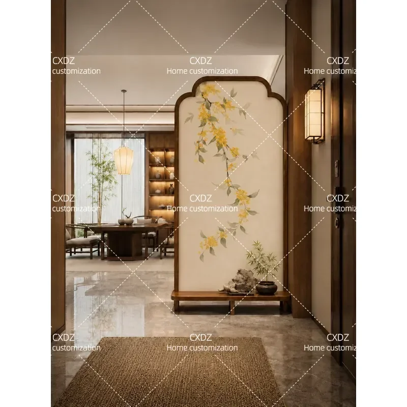 2026 New Osmanthus Solid Wood Screen Movable Partition Rack Living Room Door Entry Song Style Aesthetic Shelter