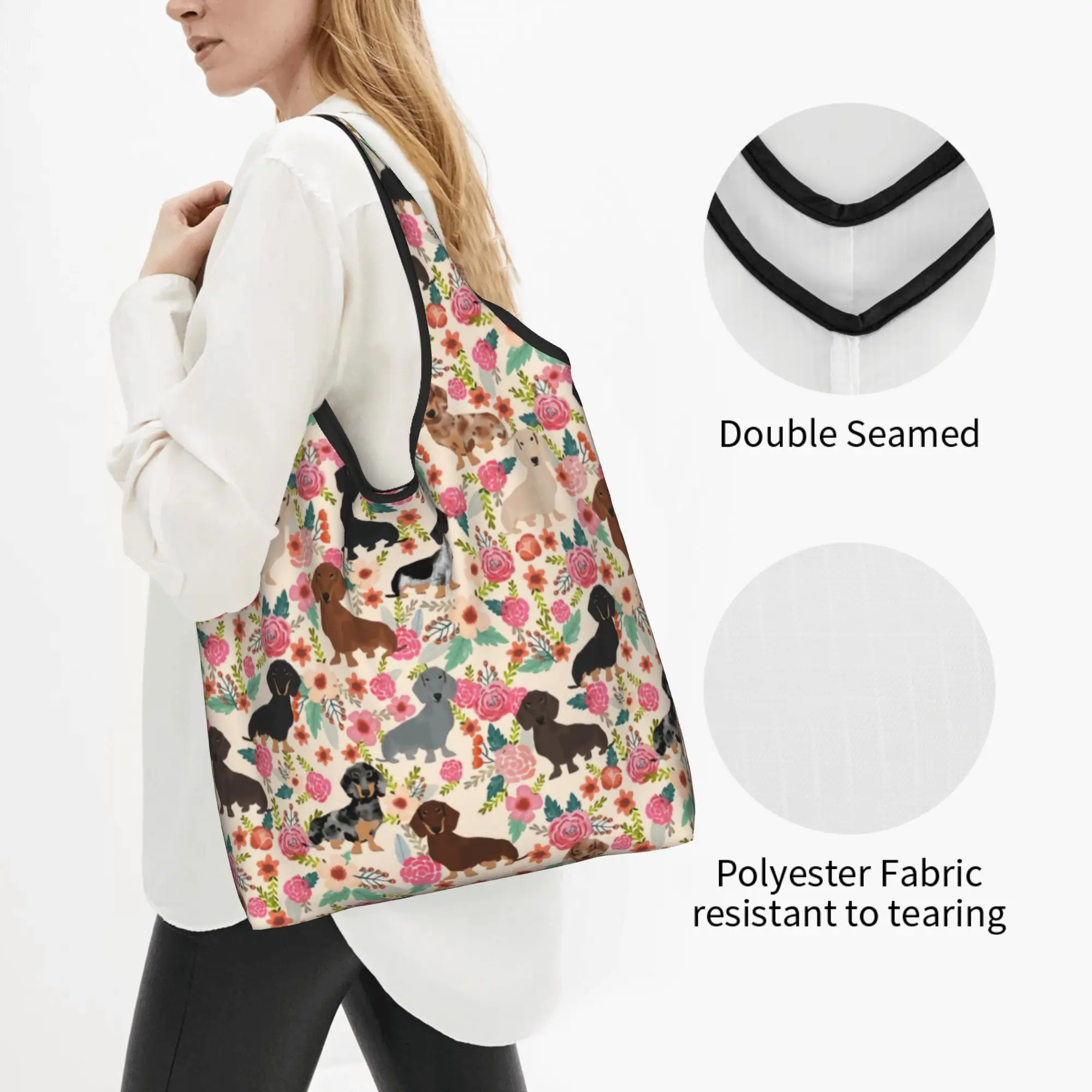 Cute Printing Dachshund Floral Dog Patterns  Shopping Tote Bags Portable Shopper Shoulder Badger Sausage  Handbag