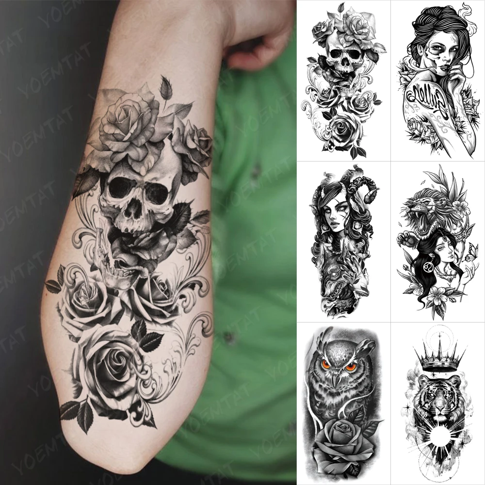 

Waterproof Temporary Tattoo Sticker Skull Peony Rose Flowers Tribal Girl Owl Tiger Flash Tatto Women Men Arm Body Art Fake Tatoo