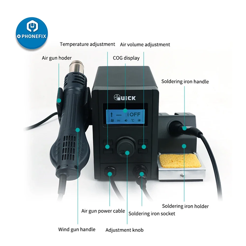 QUICK 715 2 In 1 Hot Air BGA Rework Station & Soldering Station Combined Quick 2008 Air Gun and 936A Electric Soldering Iron