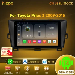 Hizpo QLED 8G+128G Android 14 For Toyota Prius 3 2009 - 2015 Car Radio Multimedia Video Player GPS Navi Stereo Carplay DSP AI BT