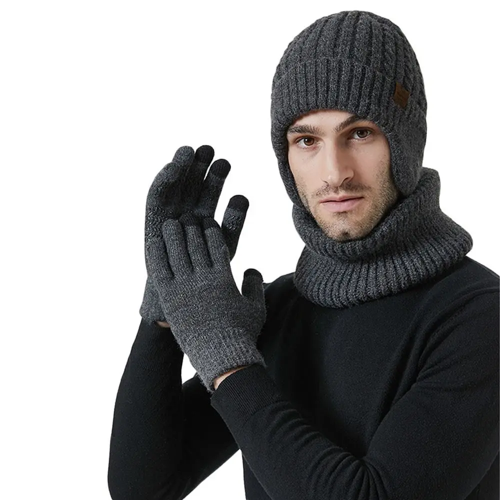 3Pcs/set Winter Warm Beanie Hat Scarf Knitted Soft Touch Screen Gloves Windproof Woolen Fleece Lining Scarves for Men Women