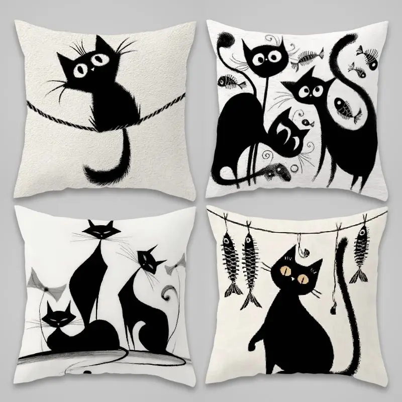 Black Cat Print Pillowcase Throw Pillow Novelty Cushion Cover for Cat Lovers Home Decor Graphic Design Whimsical Gothic Nursery