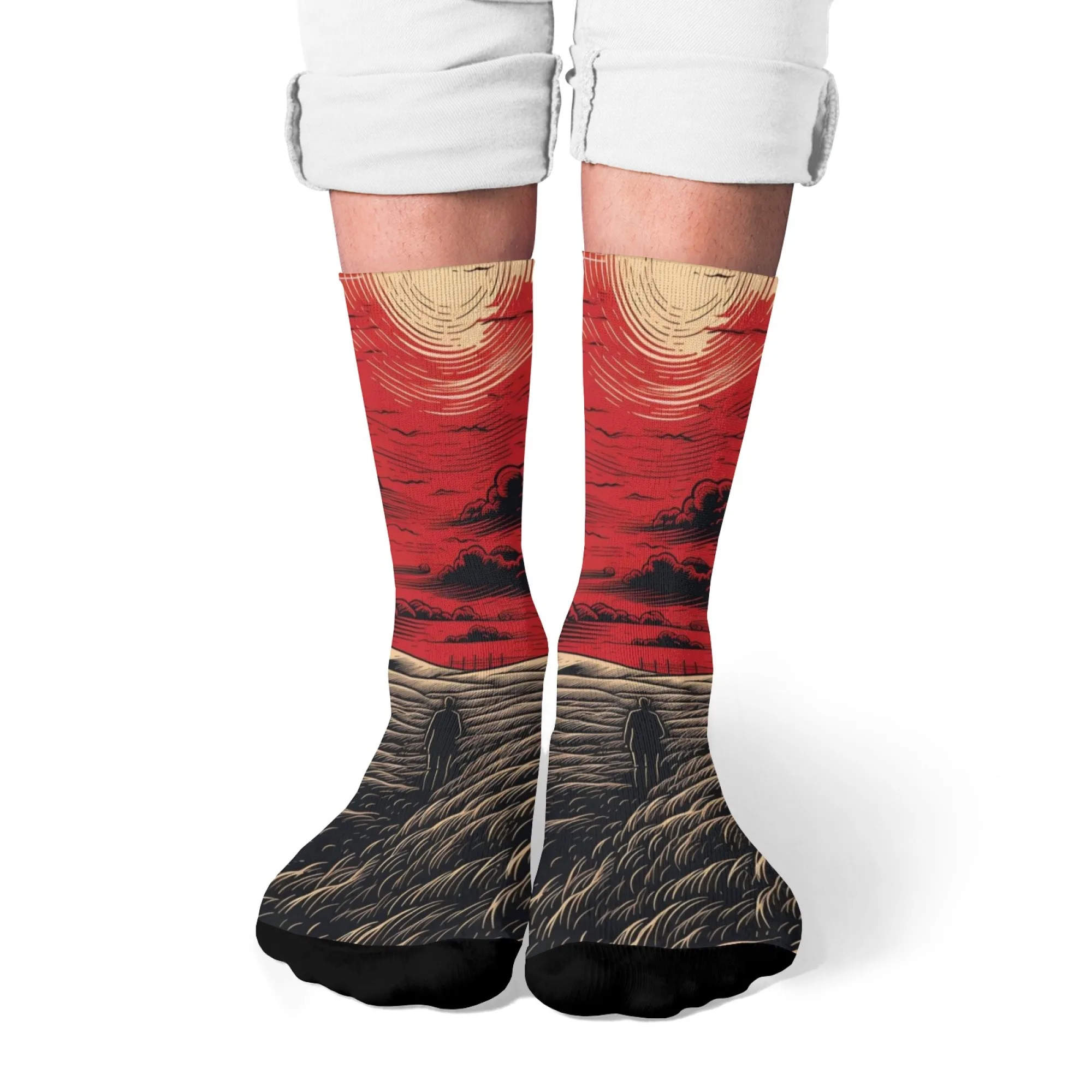 

Art Style Wilderness Sunset Mid-Calf Socks Red-Tone Cloud Sea Pedestrian Print Retro Literary Style Unisex Daily Casual Socks