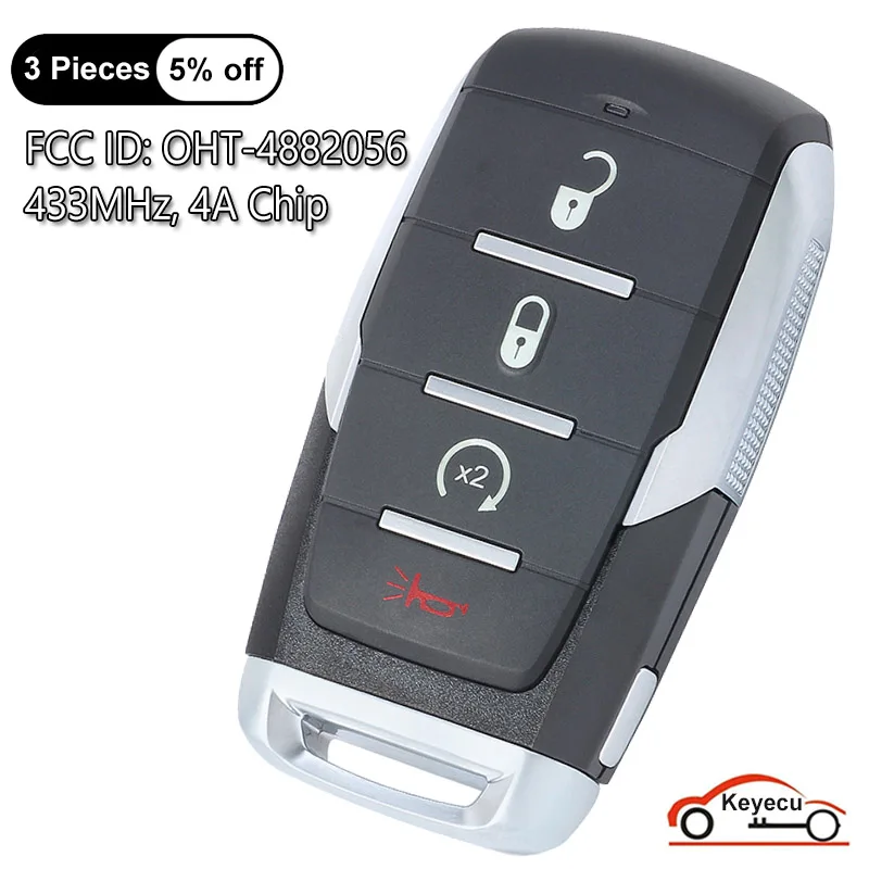 

KEYECU 4 Buttons 433MHz 4A Chip for RAM 1500 2019 2020 2021 2022 Auto Smart Remote Control Key Fob FCC ID: OHT-4882056, 68442907