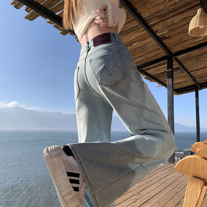 Celana Harem Wanita Nyaman Pinggang Tinggi, Jeans Flare Santai, Celana Bootcut Denim Stretch, Celana Bell Bottom Wanita Warna Solid
