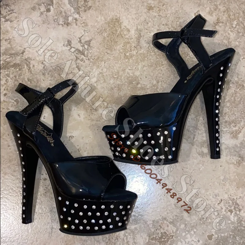 Black Patent Rhinestone Platform Ankle Strap Sandals Peep Toe Crystal Studded Stiletto High Heels Club Stage Party Women Sandals