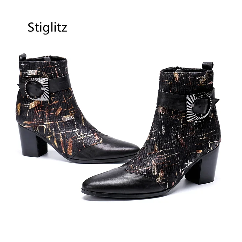 Red Black Prints Men's Ankle Boots Metal Buckle High Heel Boots Zip Genuine Leather Party Catwalk Office Shoes Wear-Resistant