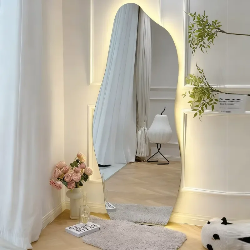 Modern Irregular Frameless LED Glass Full Body Length Floor Standing Mirror Wooden Stand Backlit Aesthetic Cloud Decorative