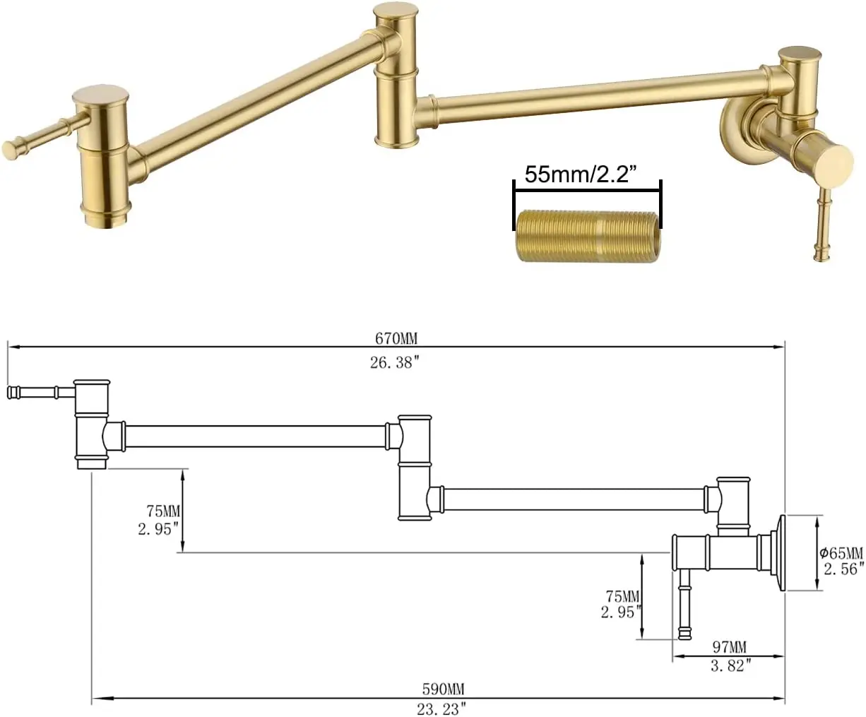Brushed Gold Folding Kitchen Faucet Double Joint Pot Filler Faucet Brass