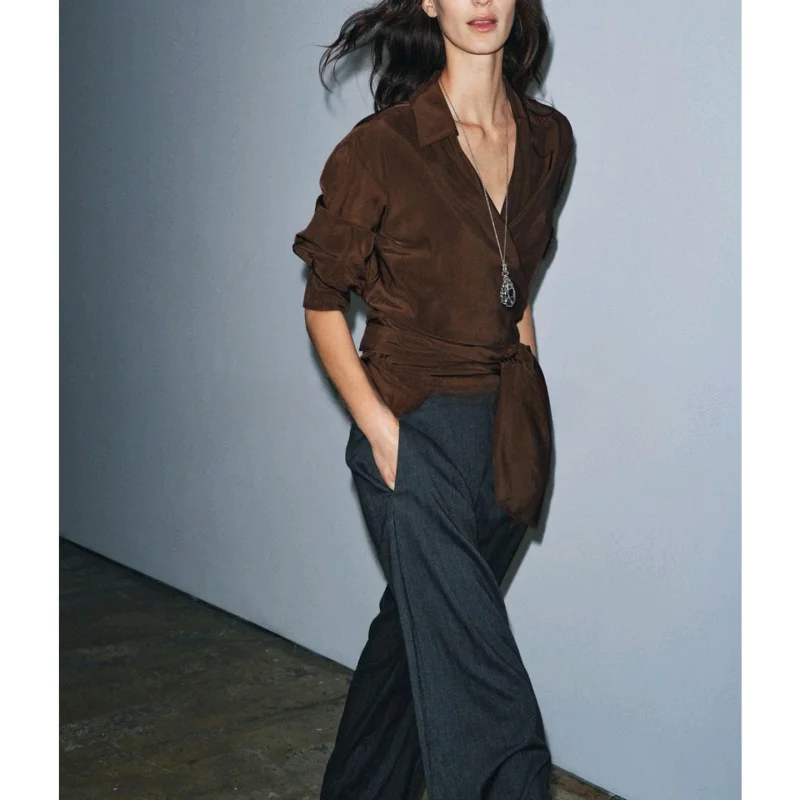 Winter New Women's irt  Knot Belted Double Breasted Long Sve Turn-down Collar Pleated Regular Length Polyester ...