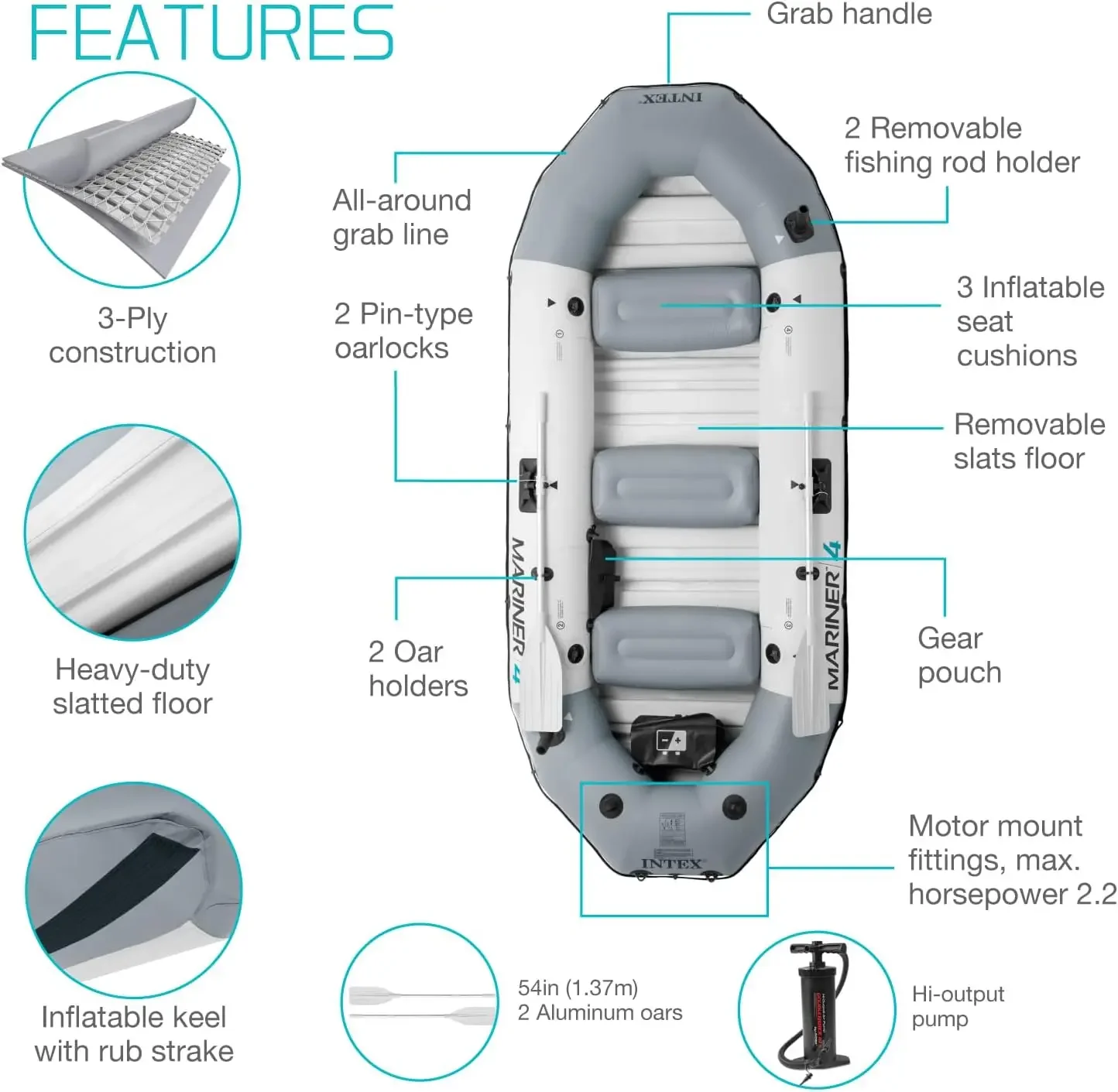 Inflatable Boat Set: Includes Deluxe 54in Boat Oars and High-Output Pump – Wear-Resistant Keel – Removable