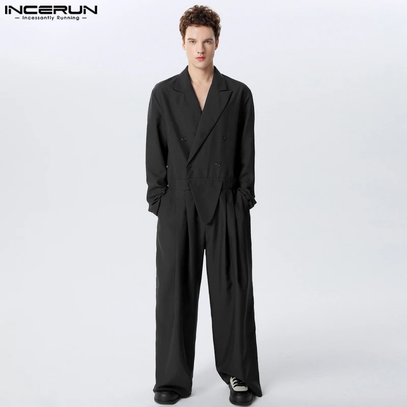 Fashion Casual Style Jumpsuits INCERUN Men's Suit Collar Design Irregular Hem Rompers Handsome Male Long Sleeved Jumpsuits S-5XL