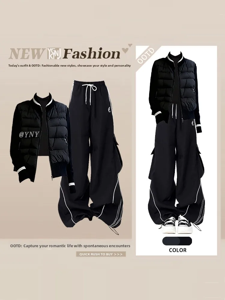 

Bla Spor Sle Women's Winter ort Stand Collar Cotton Jaet Loose Trousers Two Piece Set Dstring High Waist Long Pants