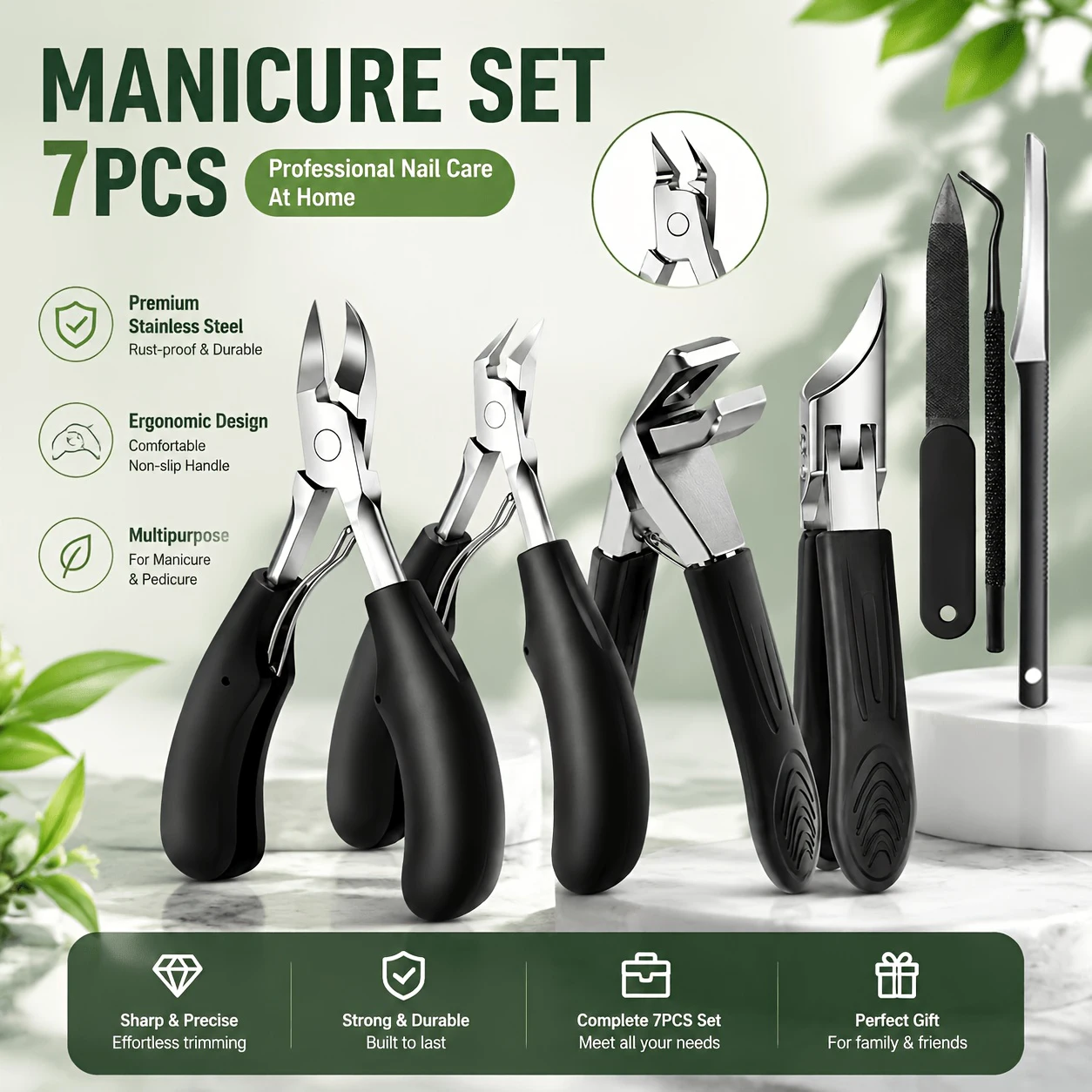 7pcs Men's Special Heavy-duty Nail Care Tools for Adults. Suitable for Thick Toenails. Black Classic Handle