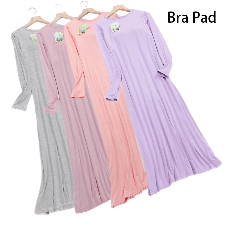 2026 New Nightgowns Women Spring Autumn Long Dress Modal Cotton Nightwear Nightdress Female Bra Padded Plus Size Nightshirt