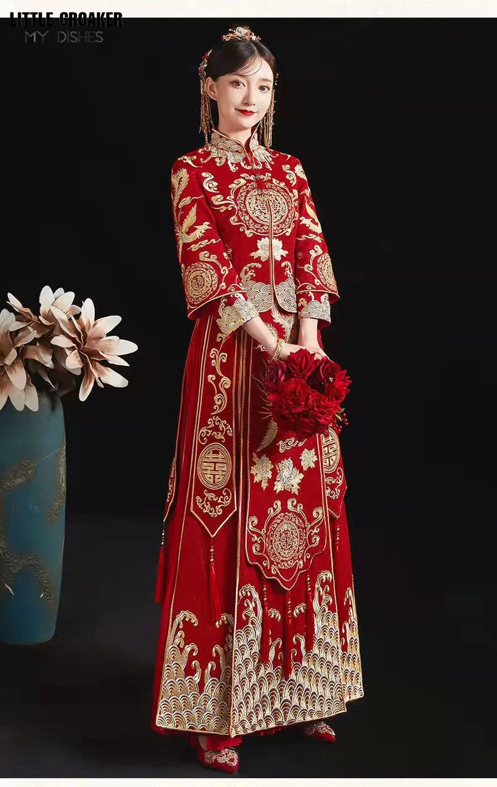 Modern Cheongsam Top + Skirt Suit Red Qipao Long Chinese Traditional Wedding Dress Oriental Style Xiuhefu Dresses