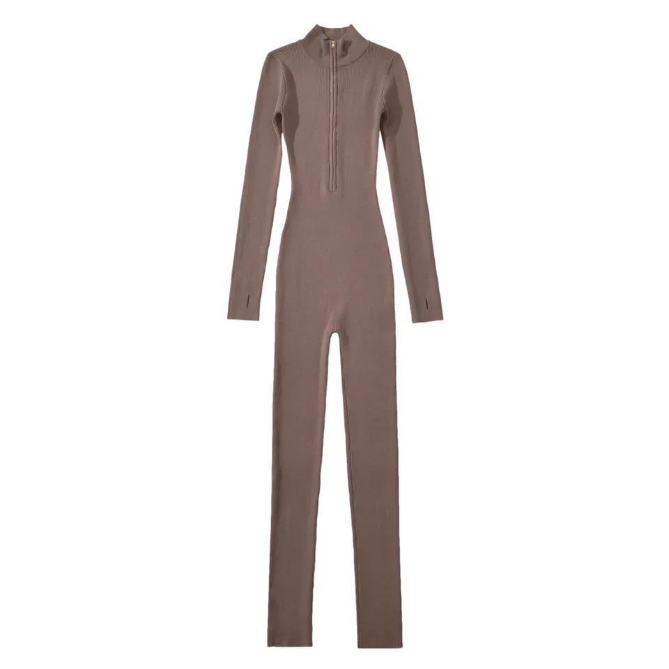2025 New Semi High Neck Long Sleeve Half Zip Jumpsuit Women Elegant Fashion Black Khaki Multiple Colors Optional